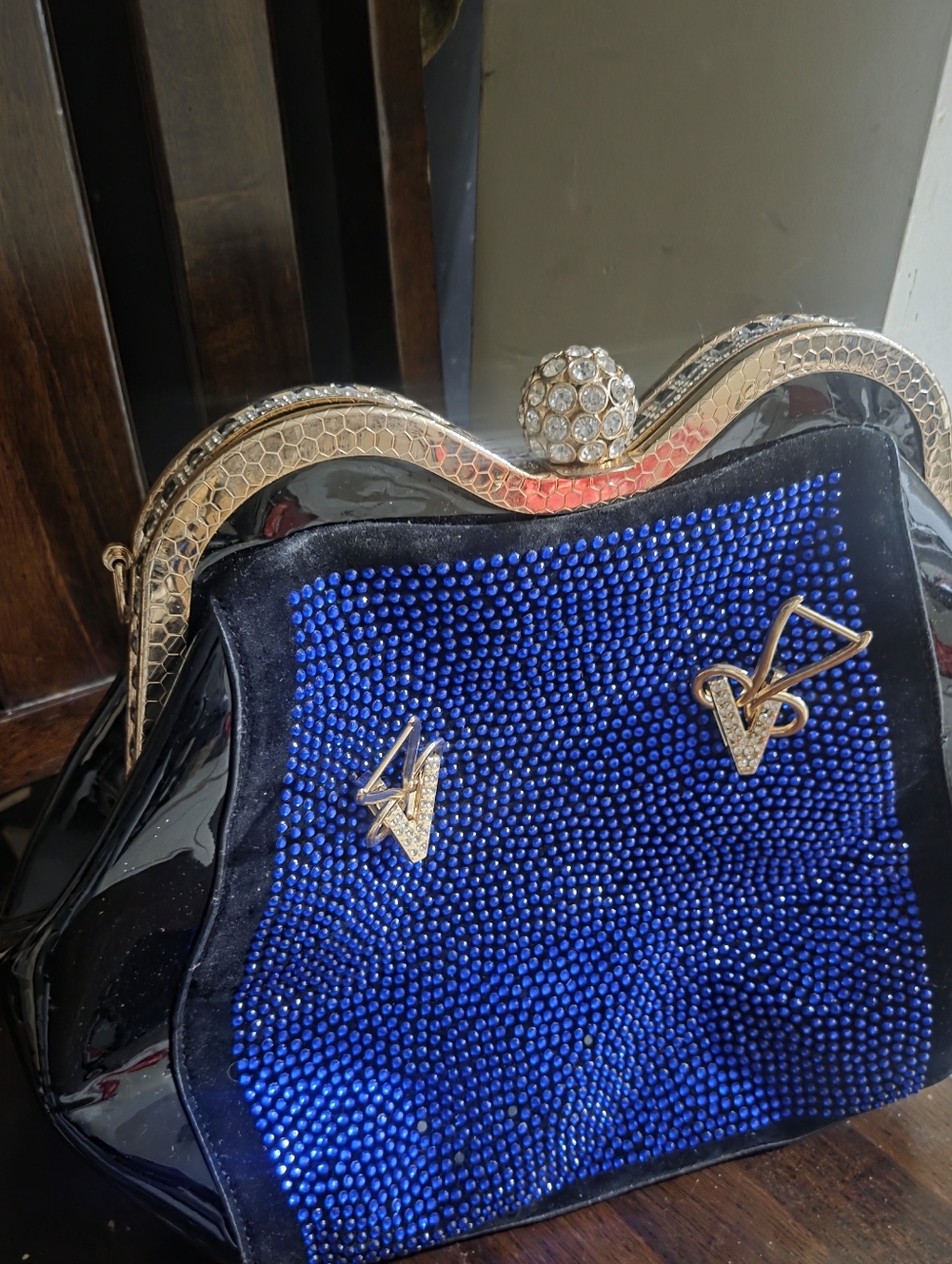 Hollister Royal Blue Crystal Frame Clutch with Gold Accents